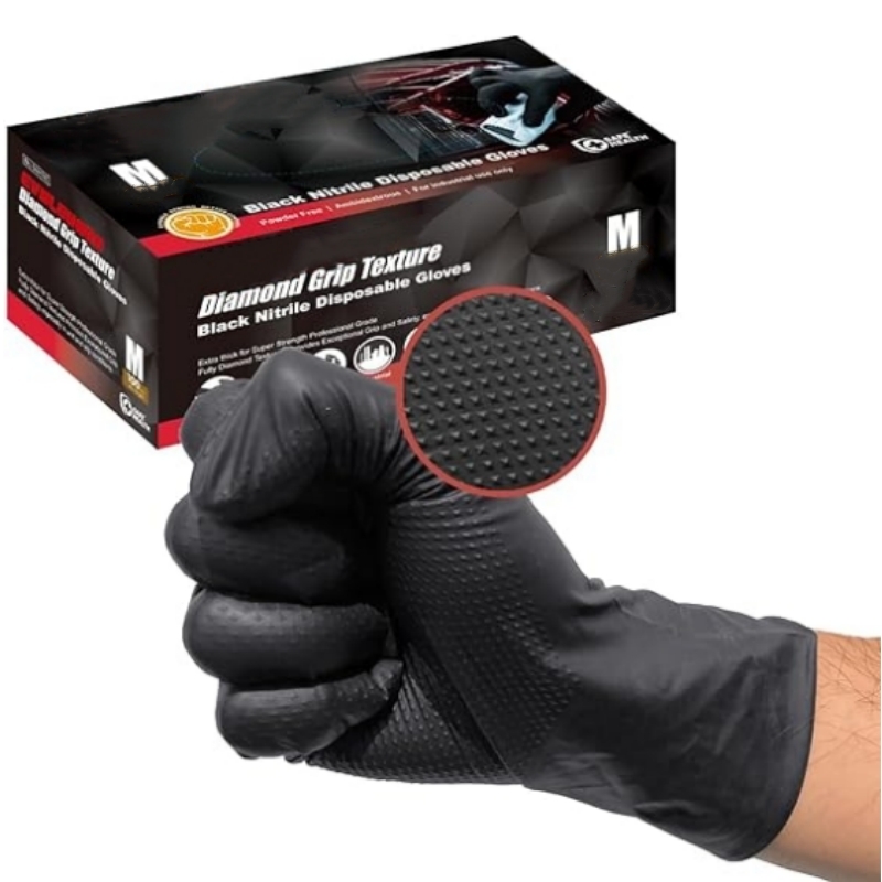 Disposable Gloves Nitrile - ถุงมือไนไตรล์สีดำแบบหนา 8 มิล ถุงมือทำงานแบบใช้แล้วทิ้ง ผิวสัมผัสแบบเพชร ถุงมือป้องกันสำหรับงานอุตสาหกรรม