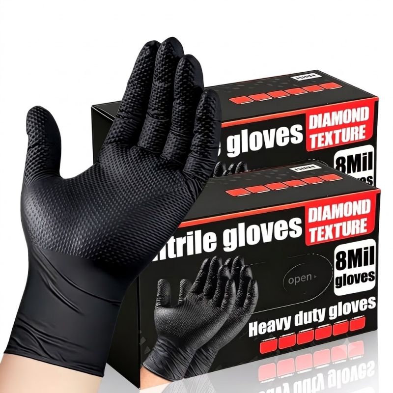 Disposable Gloves Nitrile - ถุงมือไนไตรล์อุตสาหกรรมสีดำแบบหนาพิเศษ 8 มิล ลายเพชร สำหรับงานหนัก ใช้แล้วทิ้ง