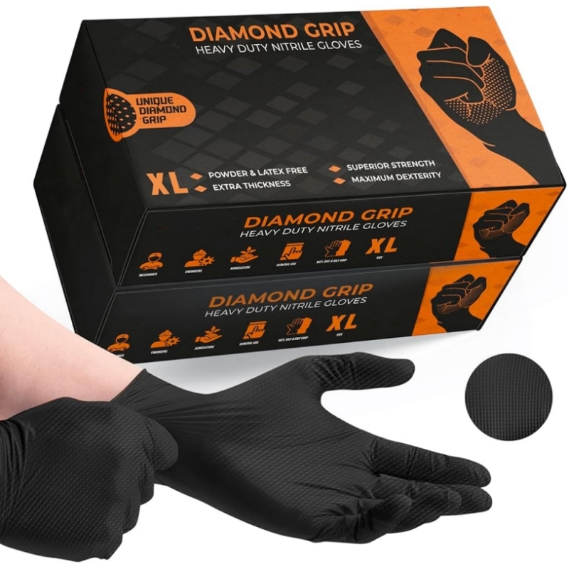 Disposable Gloves Nitrile - ถุงมือไนไตรล์แบบใช้แล้วทิ้งสําหรับงานหนักสีดําอุตสาหกรรม 8mil ถุงมือป้องกันพื้นผิวเพชรสําหรับช่างถุงมือนิรภัยอัตโนมัติ