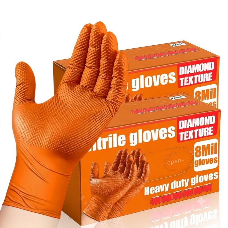 Disposable Gloves Nitrile - ถุงมือไนไตรล์สีส้มแบบหนา 8 มิล ถุงมืออุตสาหกรรมแบบใช้แล้วทิ้ง พร้อมพื้นผิวลายเพชรเพื่อการยึดเกาะ สำหรับช่างยนต์